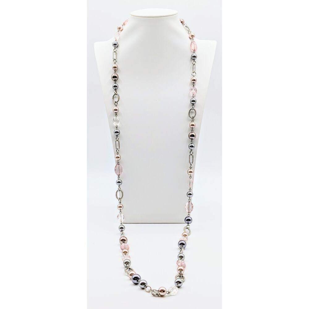 Signed Premier Design Silver Tone Beaded Faux Pearl 48" Necklace